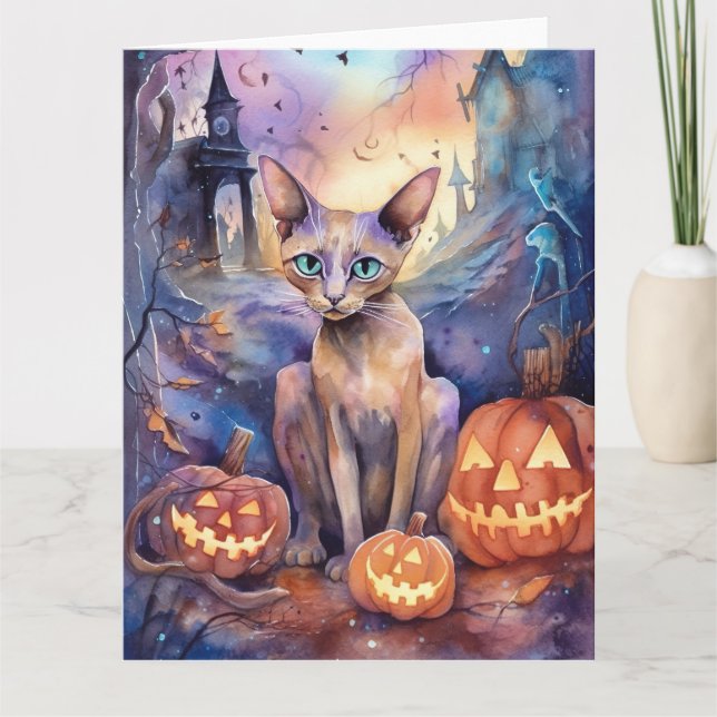 Tarjeta Gato abissiniano de Halloween con miedo a la calab (Anverso)