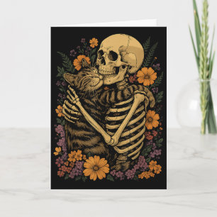 Tarjeta Gato abrazando esqueleto floral Halloween amante d