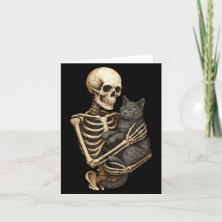 Tarjeta Gato abrazando esqueleto Halloween Amante de gatos