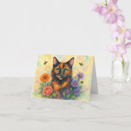 Tarjeta Gato acuarela con flores
