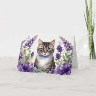 Tarjeta Gato acuarela con flores de lavanda