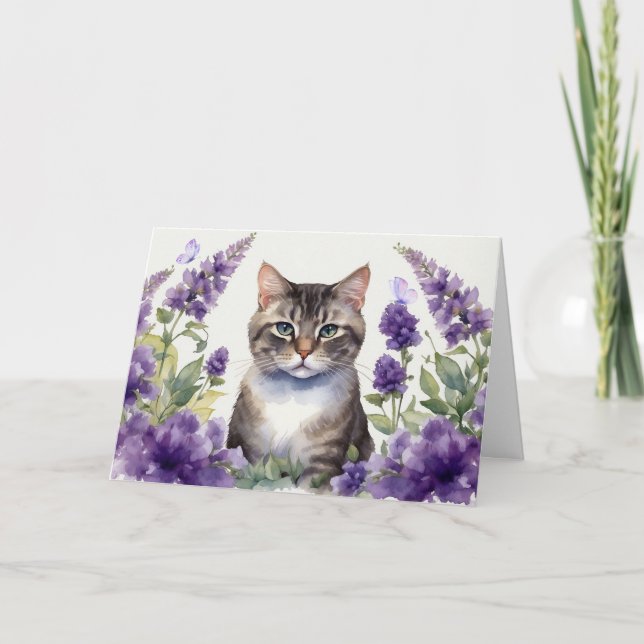 Tarjeta Gato acuarela con flores de lavanda  (Anverso)