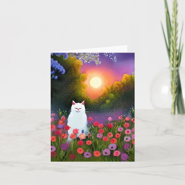 Tarjeta Gato acuarela en campo de flores personalizable (Anverso)