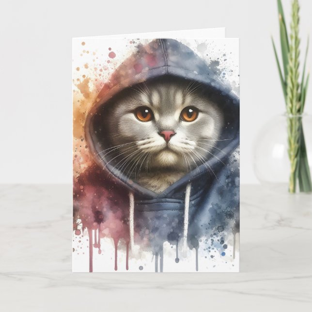 Tarjeta Gato acuarela en sudadera con capucha azul Arte de (Anverso)
