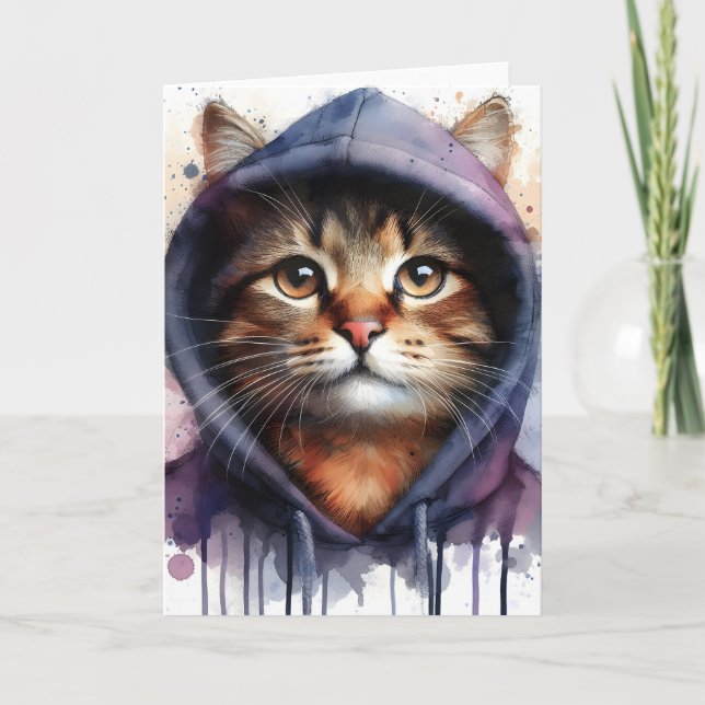 Tarjeta Gato acuarela en sudadera con capucha azul morado  (Anverso)