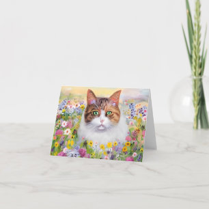 Tarjeta Gato acuarela y flores silvestres personalizables