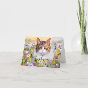 Tarjeta Gato acuarela y flores silvestres personalizables