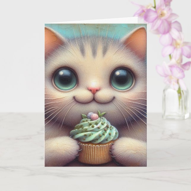 Tarjeta Gato Adorable con Cupcake de Hierba Gatera para To (Orquídea)