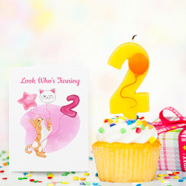 Tarjeta Gato Adorable Con Globos De Cumpleaños 2do