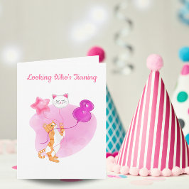 Tarjeta Gato Adorable Con Globos De Cumpleaños Número 8