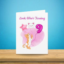 Tarjeta Gato Adorable Con Globos De Cumpleaños Número 9