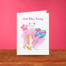 Tarjeta Gato Adorable Con Globos De Décimo Cumpleaños