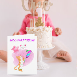 Tarjeta Gato Adorable Con Globos De Primer Cumpleaños