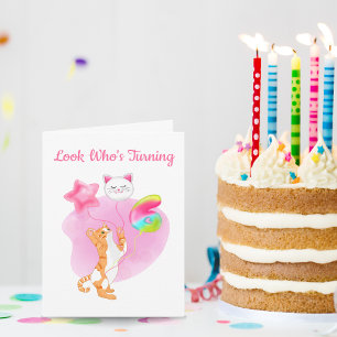 Tarjeta Gato Adorable con globos de sexto cumpleaños