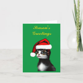 Tarjeta Gato Adorable con un Sombrero de Santa Claus en Bl