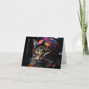 Tarjeta Gato Adorable en un Gorra colorido y bufanda