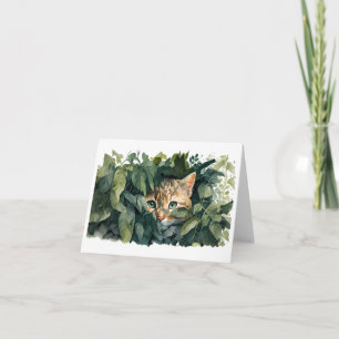 Tarjeta Gato Adorable escondido en Bushes en BLANCO