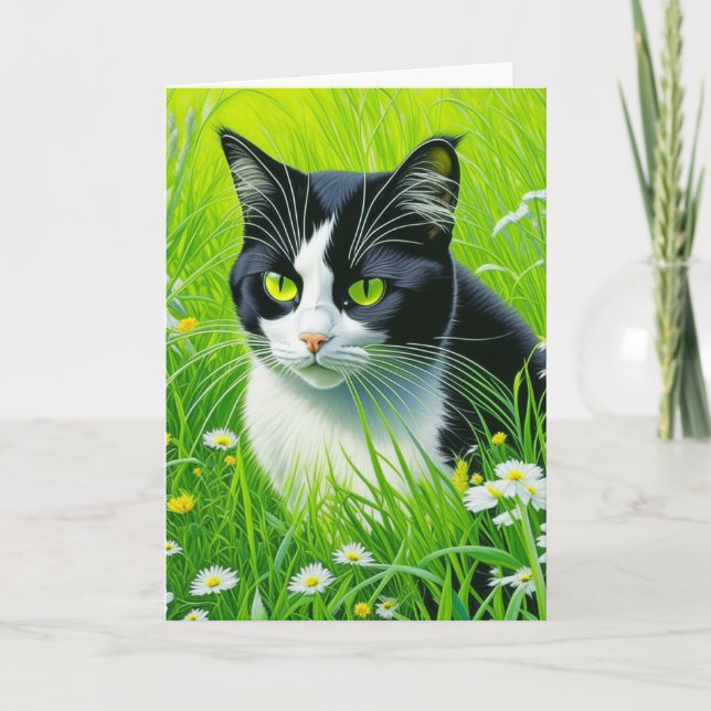 Tarjeta Gato Adorable Personalizado en un campo de Daisies (Anverso)