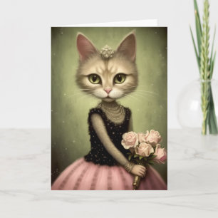 Tarjeta Gato Adorable Sostiene Rosas Rosadas