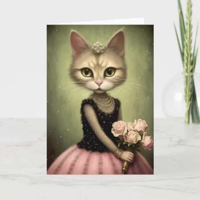 Tarjeta Gato Adorable Sostiene Rosas Rosadas (Anverso)