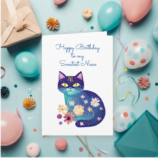 Tarjeta Gato al estilo del arte popular y flores Cumpleaño