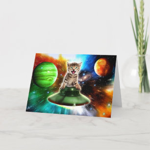 Tarjeta Gato alienígena en el platillo de ufo