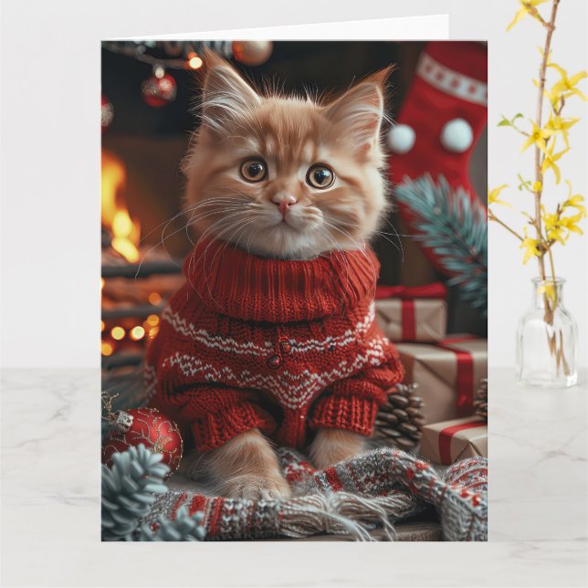 Tarjeta Gato Angora Turco Con Chimenea De Regalos Navidade (flor amarilla)