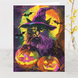 Tarjeta Gato Angora Turco Espeluznante de Halloween Bruja
