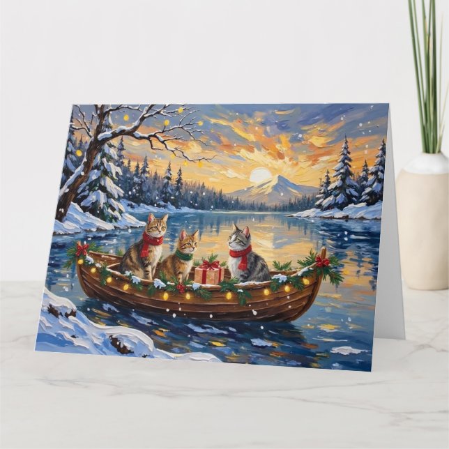 Tarjeta Gato Angora Turco Navidad Barco Fiesta (Anverso)