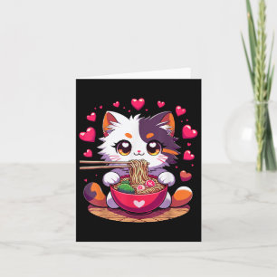 Tarjeta Gato Anime Comer Fideos De Ramen Con Corazones Val