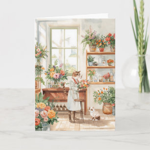 Tarjeta Gato arreglando flores rosas canasta día de San Va
