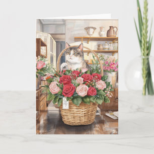 Tarjeta Gato arreglando flores rosas canasta día de San Va