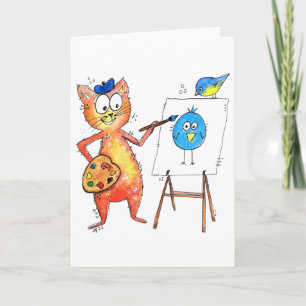 Tarjeta Gato artista caprichoso pintando un pájaro