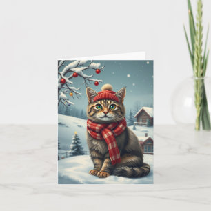 Tarjeta Gato atigrado con atuendo y sombrero de invierno e
