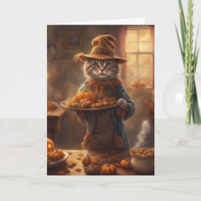 Tarjeta Gato atigrado con disfraz de espantapájaros Hallow (Anverso)