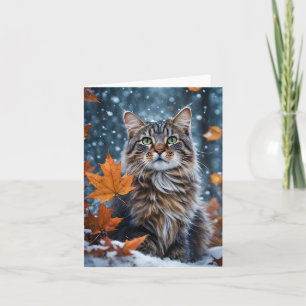 Tarjeta Gato atigrado gris hermoso hojas de otoño en blanc
