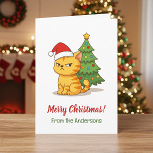 Tarjeta Gato Atigrado Gruñón Gorro Rojo Árbol de Navidad
