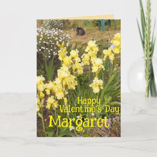 Tarjeta Gato Atigrado Lindo Iris Amarillo San Valentín Nom (Anverso)