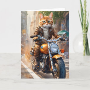 Tarjeta Gato atigrado naranja en una excursión en motocicl