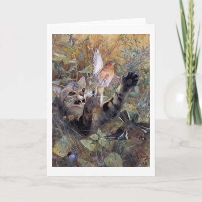 Tarjeta Gato atrapando un pájaro, Bruno Liljefors (Anverso)
