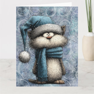 Tarjeta Gato azul de Navidad de invierno con sombrero y bu
