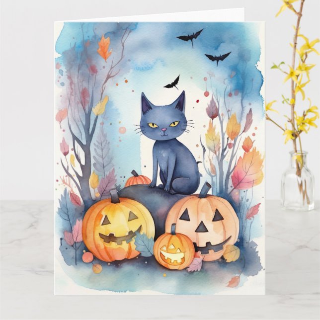 Tarjeta Gato azul oriental de Halloween con calabazas ater (flor amarilla)