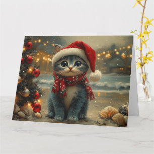 Tarjeta Gato Azul Oriental Navidad Vintage Playa