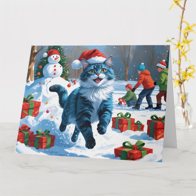 Tarjeta Gato azul oriental sentado en Gorra de Navidades d (flor amarilla)