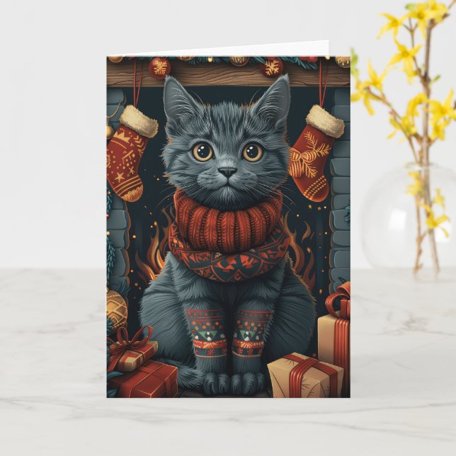 Tarjeta Gato azul ruso con chimenea de regalos para Navida (flor amarilla)