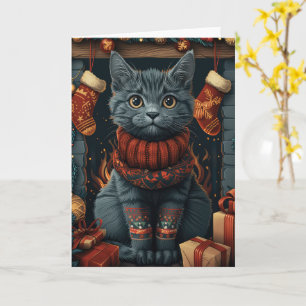 Tarjeta Gato Azul Ruso con regalos de Navidad Chimenea