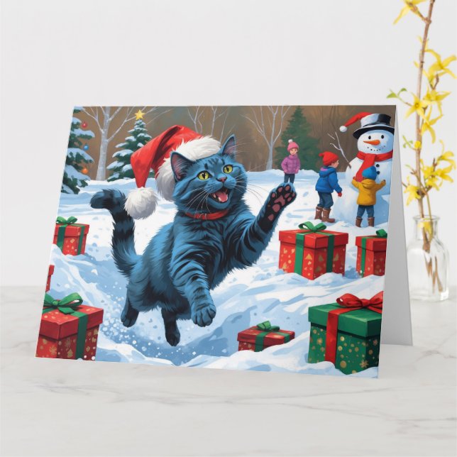 Tarjeta Gato azul ruso corre Nieve con Gorra Navidad (flor amarilla)