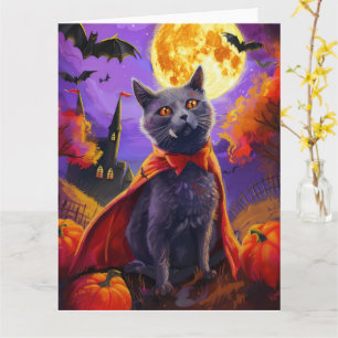 Tarjeta Gato Azul Ruso de Halloween Calabazas Vampiro Espe