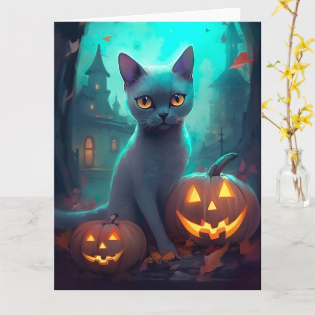 Tarjeta Gato azul ruso de Halloween con calabazas aterrado (flor amarilla)
