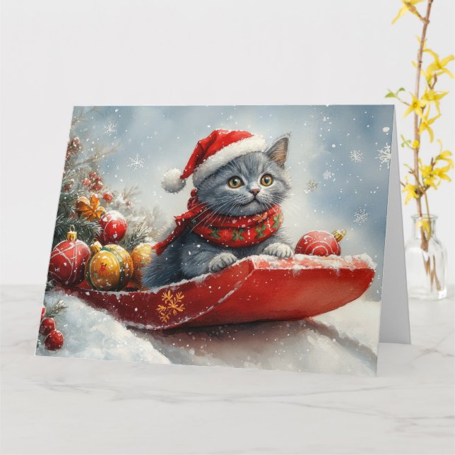 Tarjeta Gato azul ruso en duelo deja que nieva a Navidades (flor amarilla)